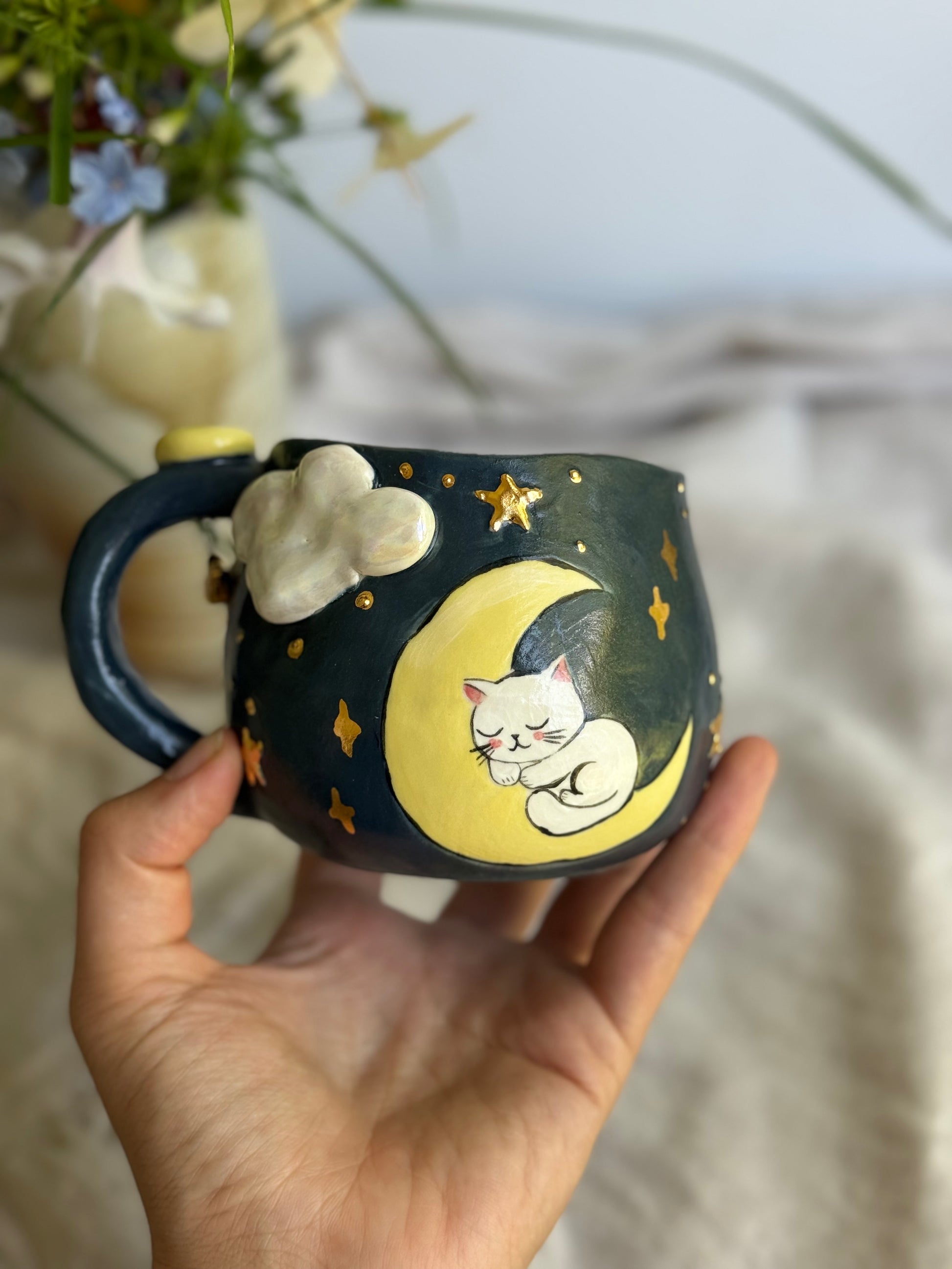 Midnight Moon Kitten Handmade Pottery Mug – Gold Star Accents - SL ceramics 