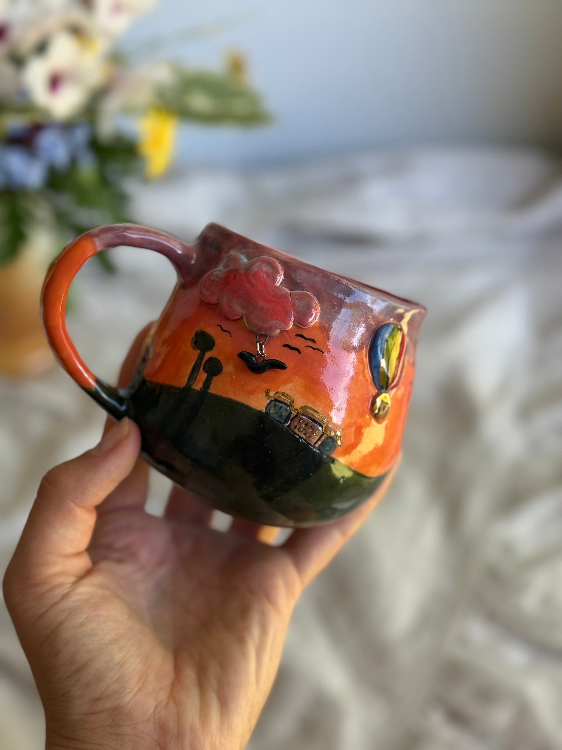 Style C hot air balloon stoneware mug front view – handmade ceramics Australia