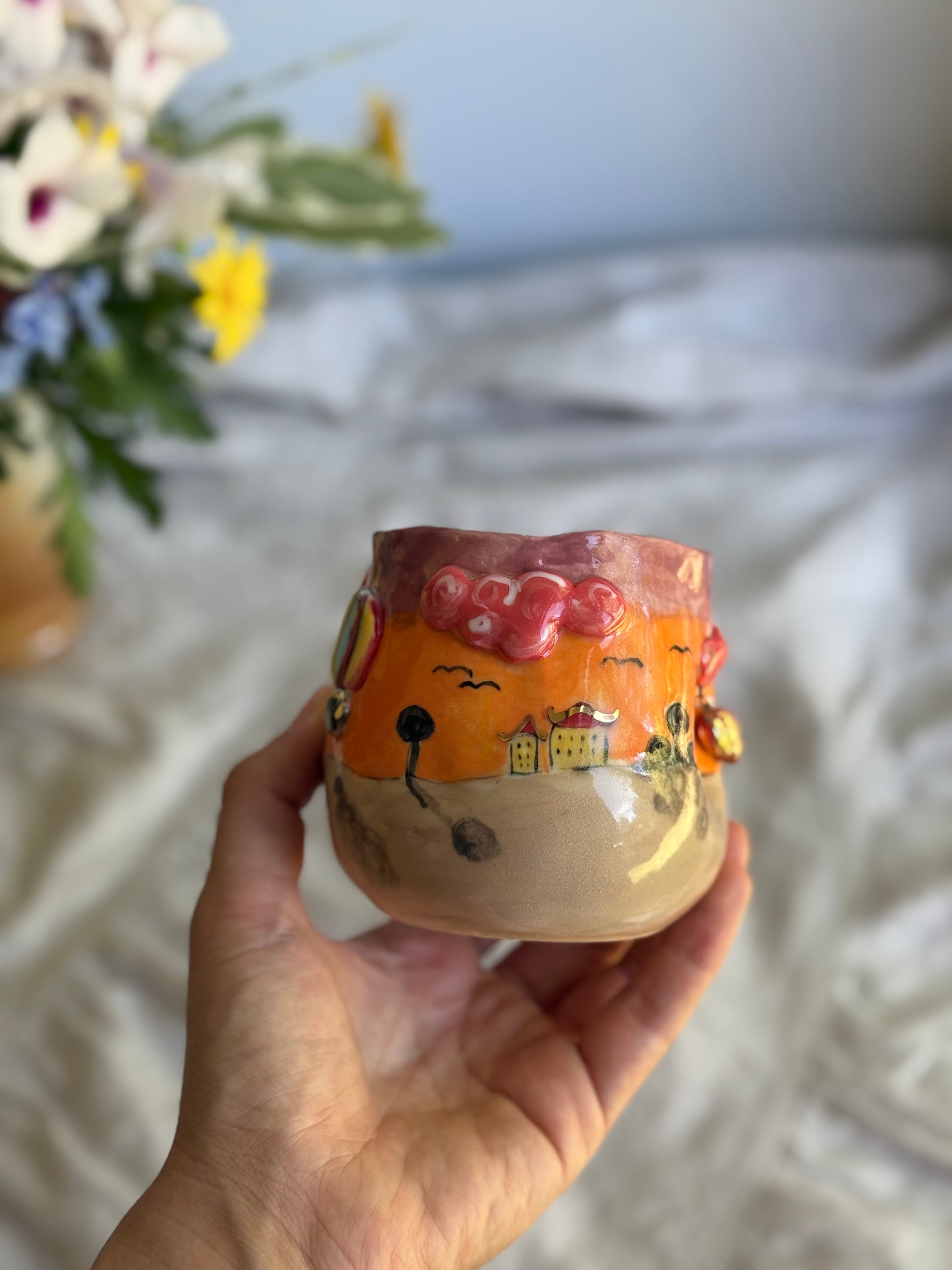 sunset landscape ceramic mug detail – handmade pottery gift Australia