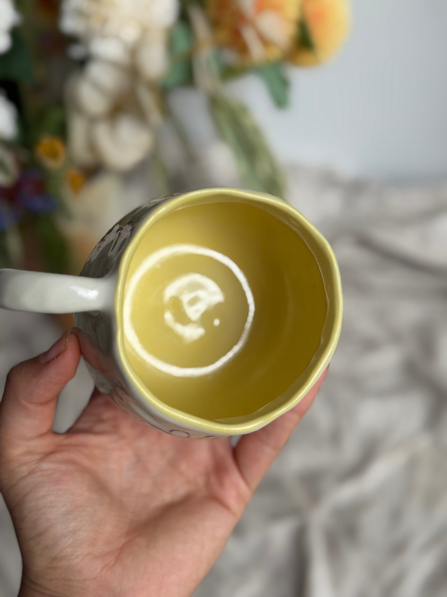 Bee motif ceramic mug glaze close-up – handmade pottery Australia