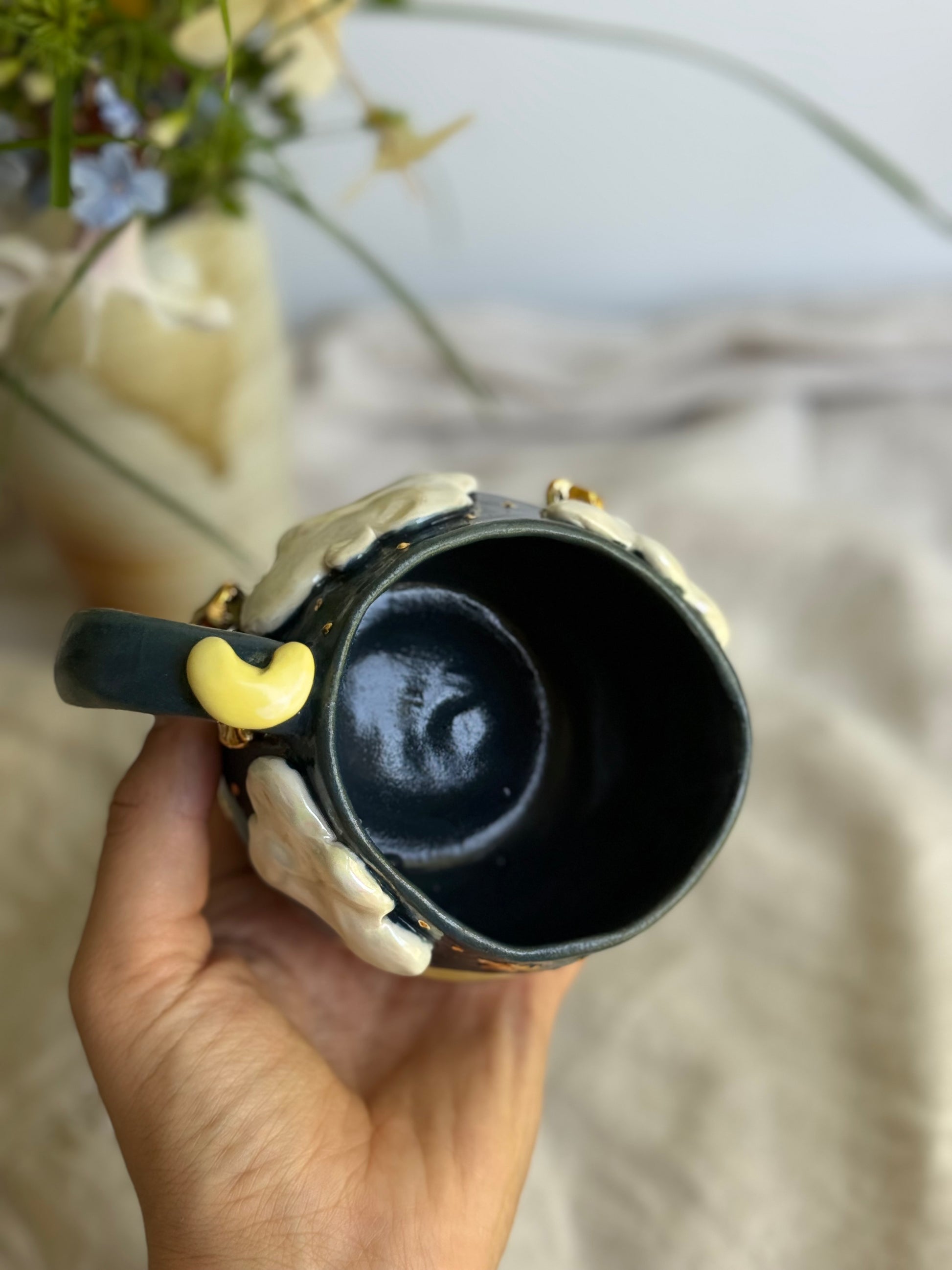 Midnight Moon Kitten Handmade Pottery Mug – Gold Star Accents - SL ceramics 