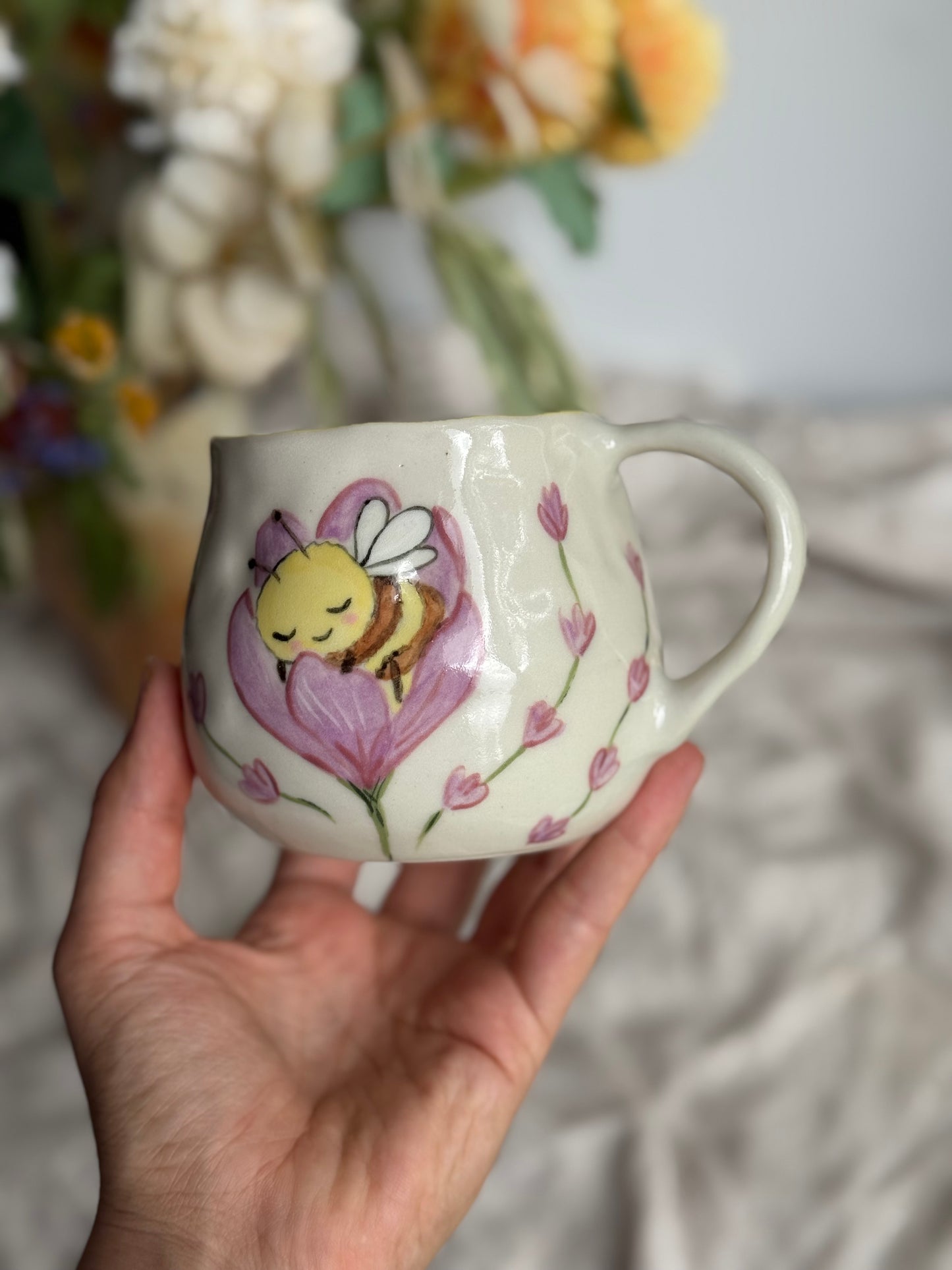 Sweet Dreams Bee stoneware mug side view – unique handmade pottery Australia