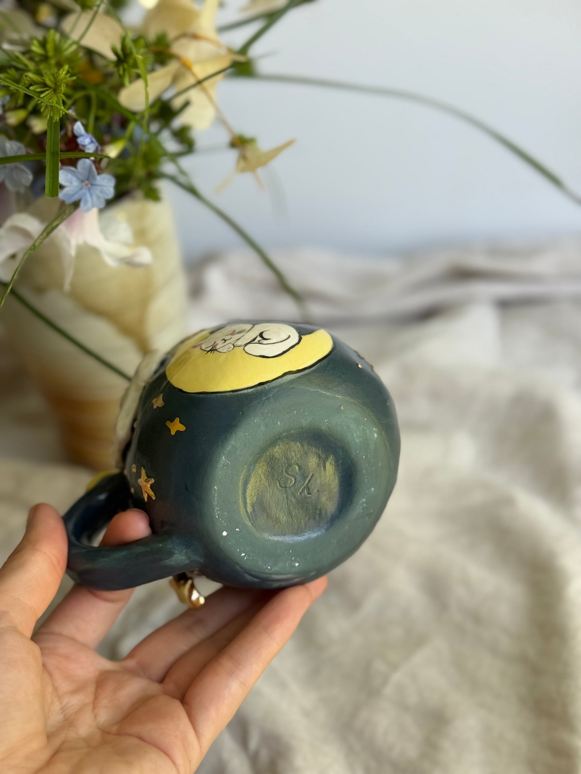 Midnight Moon Kitten Handmade Pottery Mug – Gold Star Accents - SL ceramics 