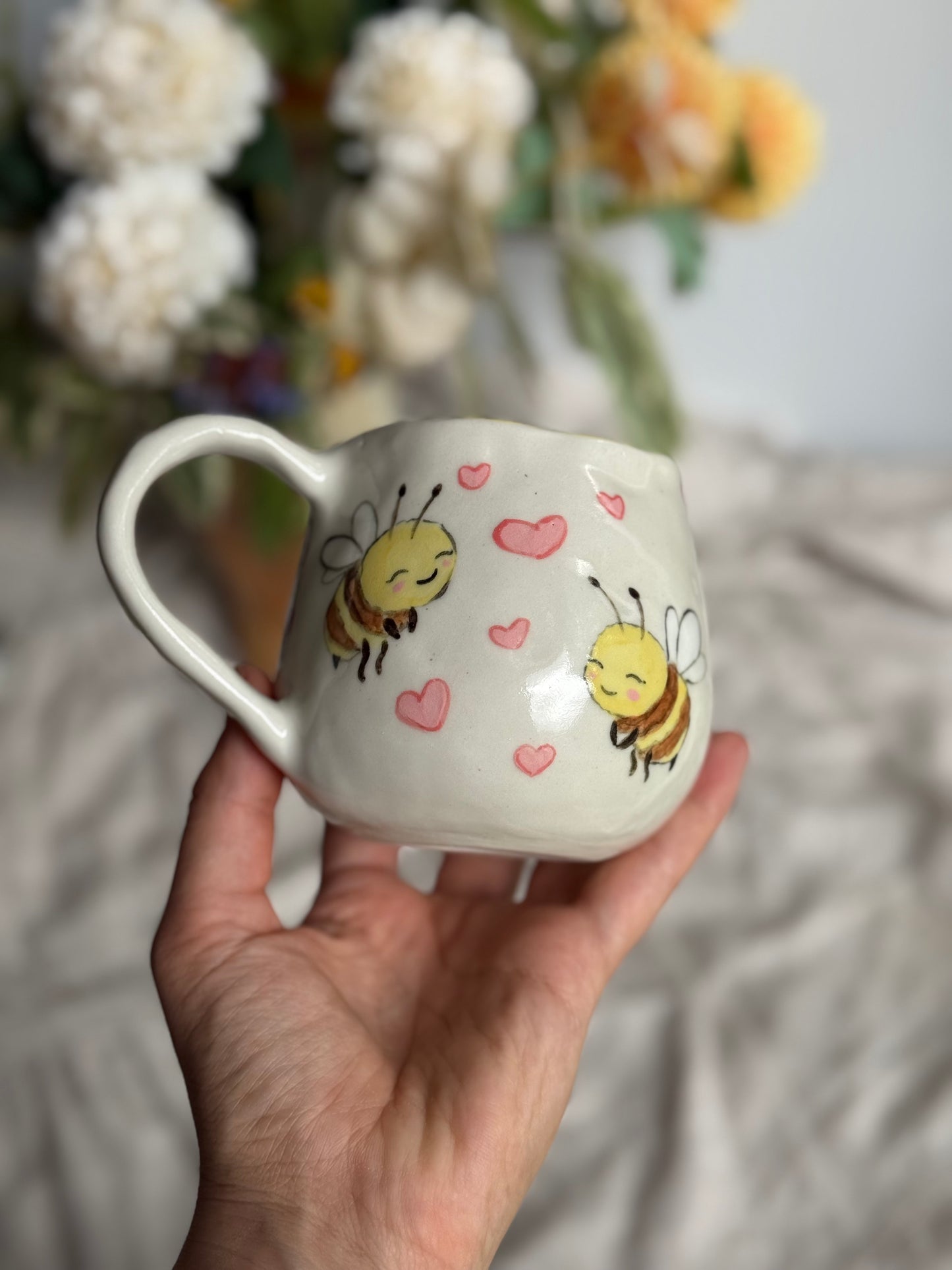 Bee design handmade mug top view – artisan pottery Melbourne