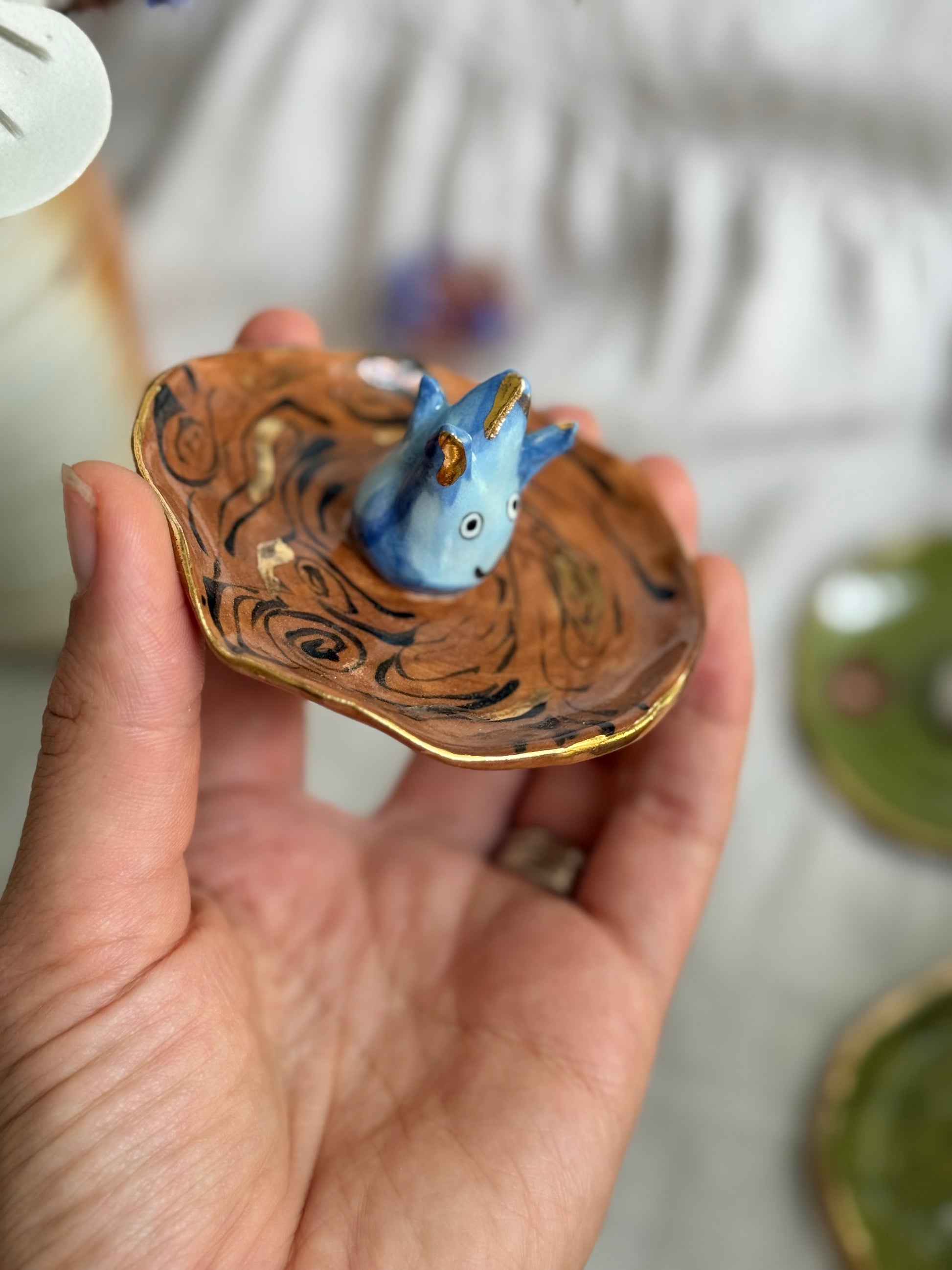 Handmade Ceramic Ring Dish – Gold Rimmed Forest Spirit Trinket Bowl - SL ceramics 