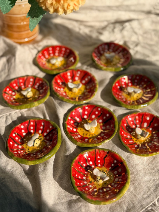 	Handmade ceramic jewelry dish with red daisy and gold accents - SL Ceramics Australia