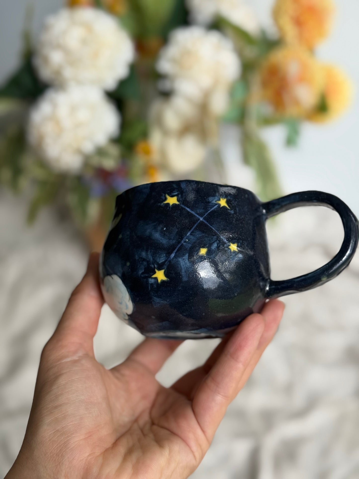 Sleeping cat handmade mug top view – artisan pottery Melbourne Australia