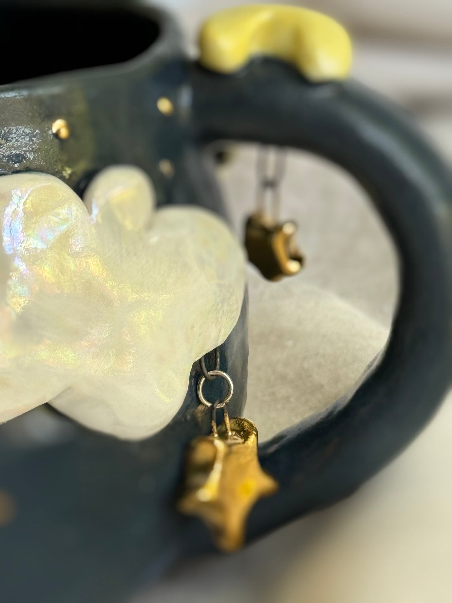 Midnight Moon Kitten Handmade Pottery Mug – Gold Star Accents - SL ceramics 
