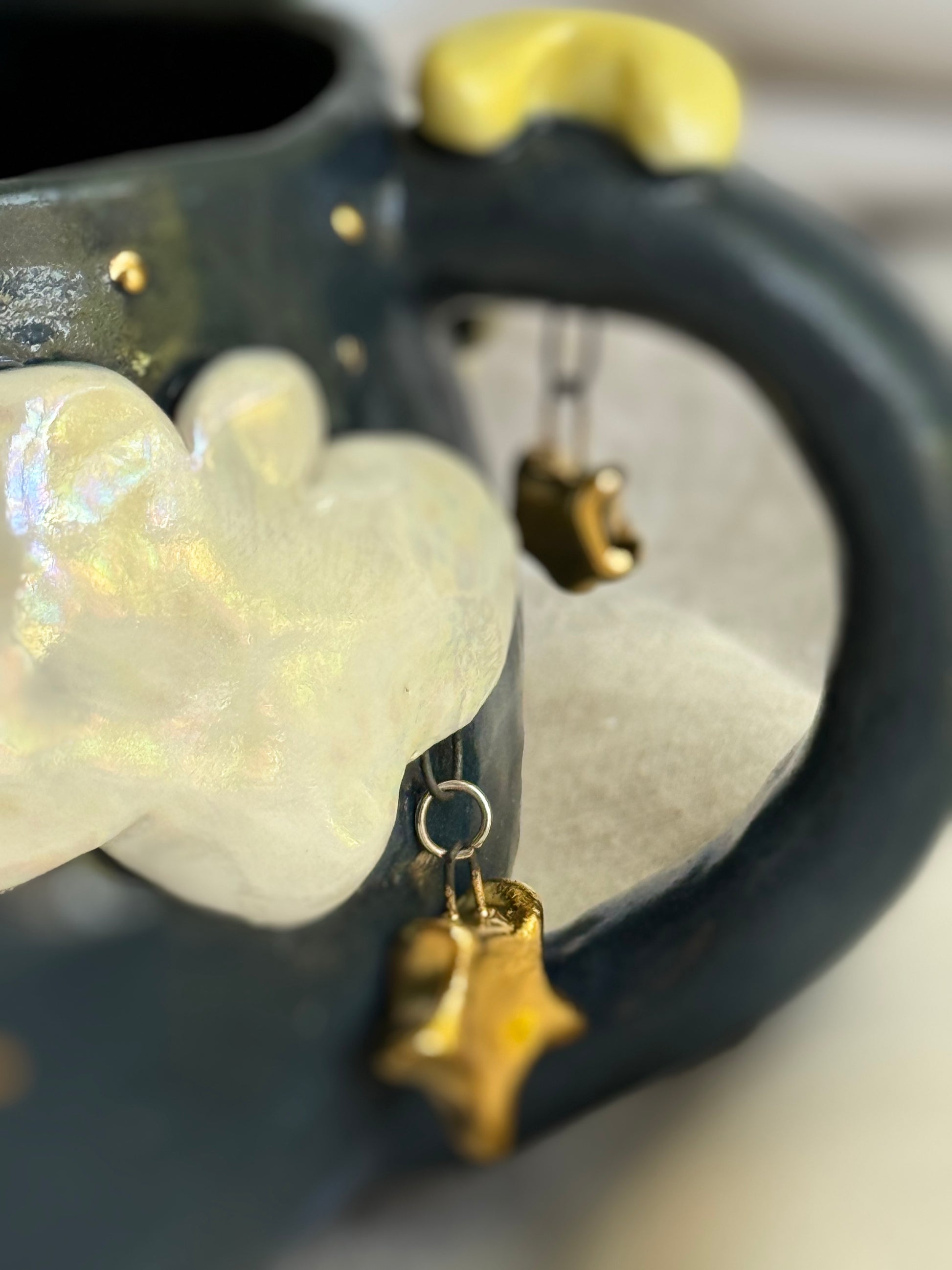 Midnight Moon Kitten Handmade Pottery Mug – Gold Star Accents - SL ceramics 