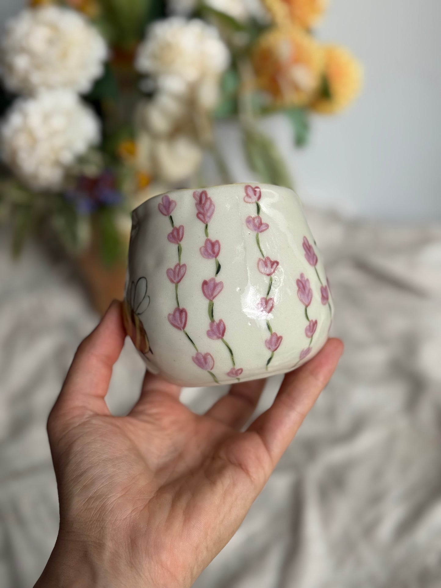 Sleeping bee ceramic mug close-up detail – handmade pottery gift Australia