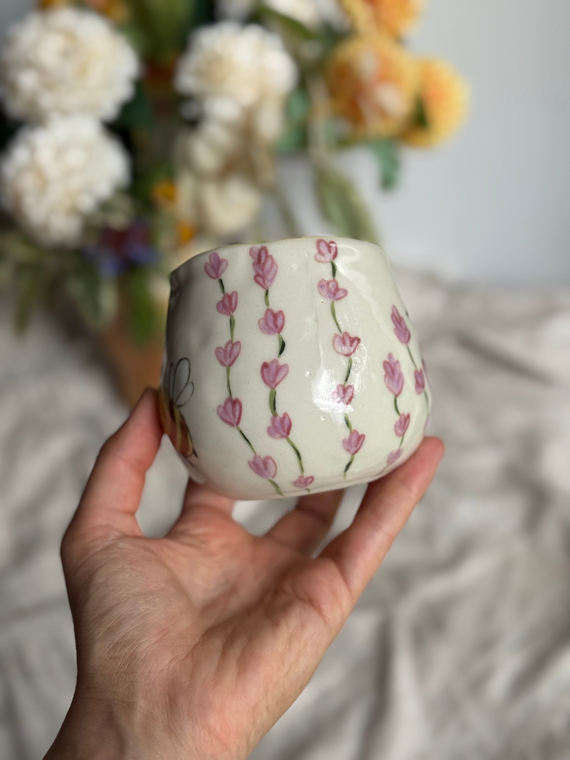 Sleeping bee ceramic mug close-up detail – handmade pottery gift Australia