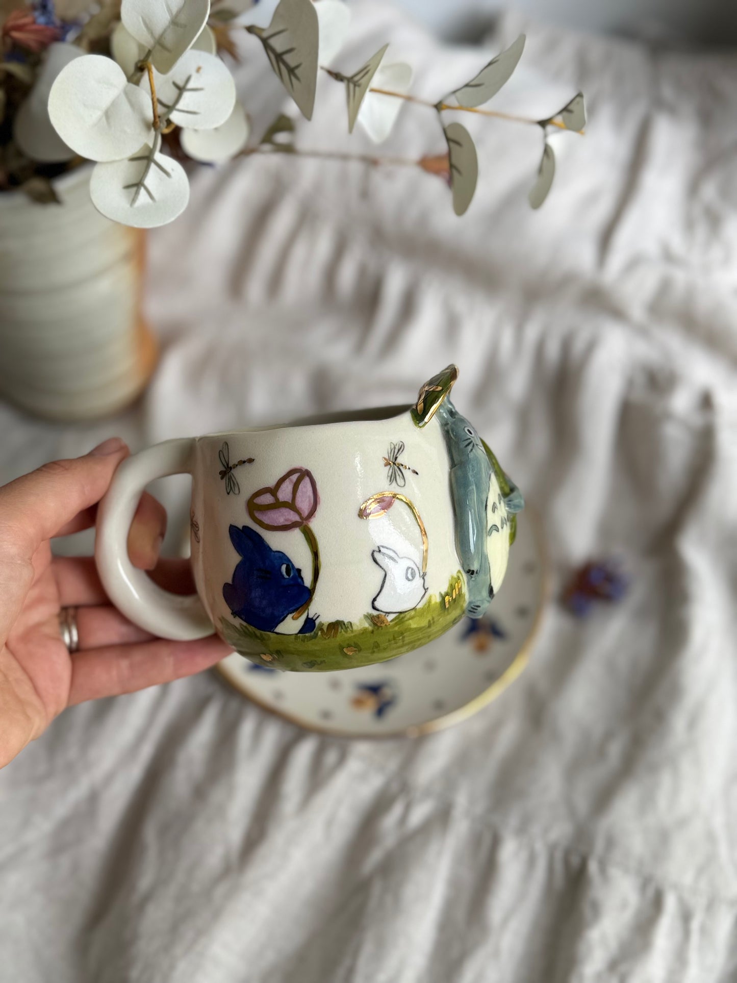Totoro Set Mug and Plate with 22k gold - SL ceramics 