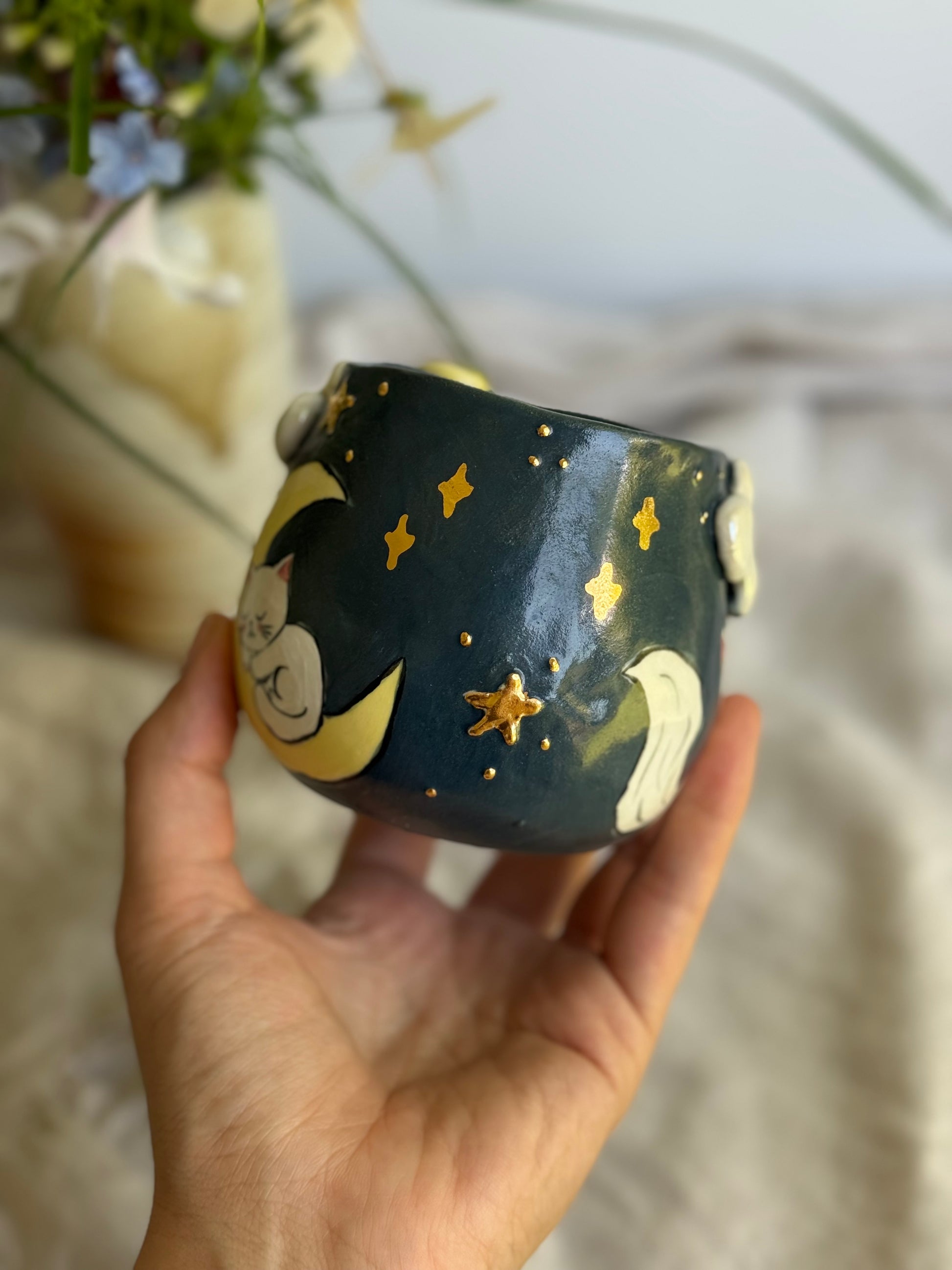 Midnight Moon Kitten Handmade Pottery Mug – Gold Star Accents - SL ceramics 
