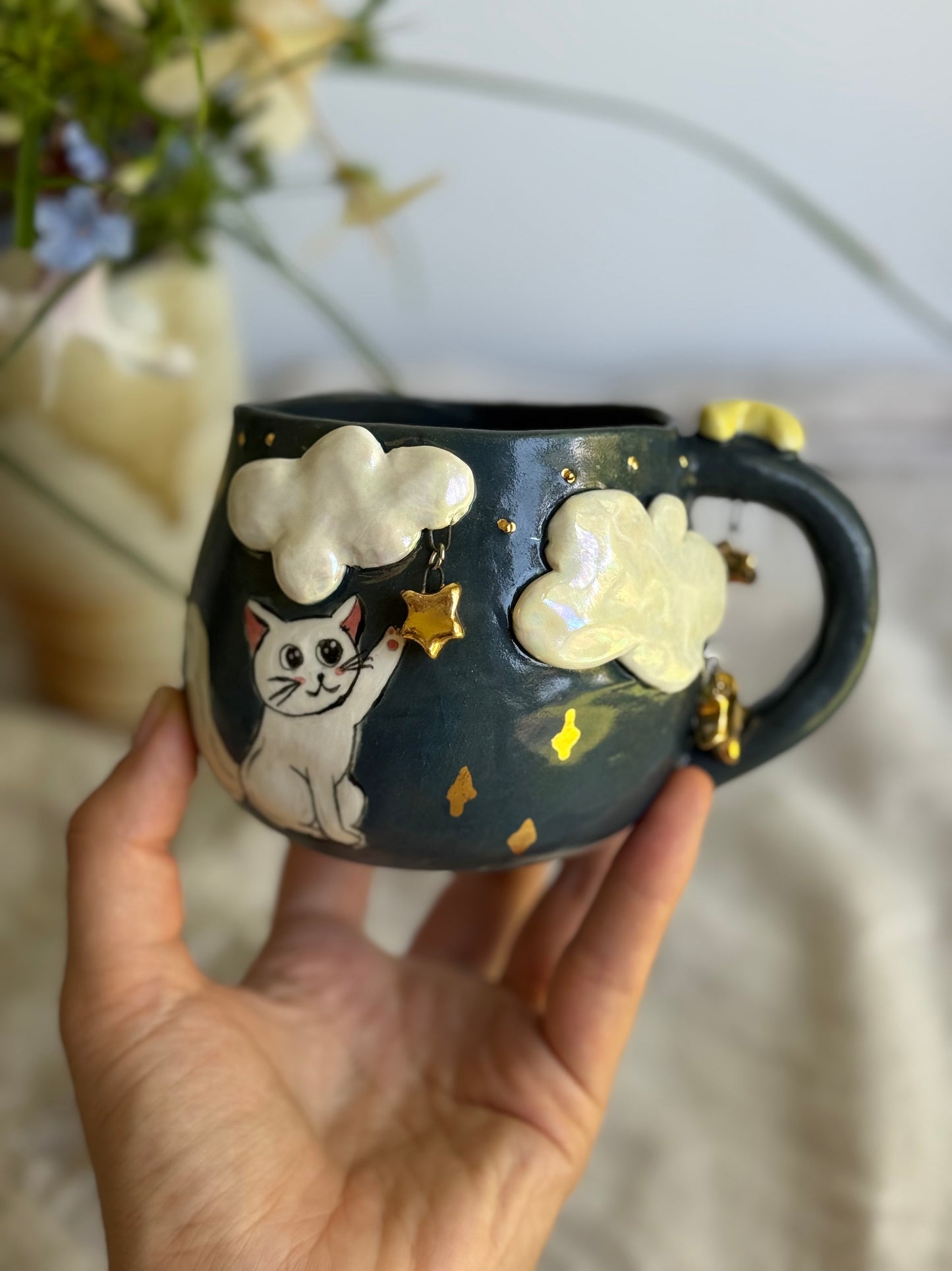 Midnight Moon Kitten Handmade Pottery Mug – Gold Star Accents - SL ceramics 