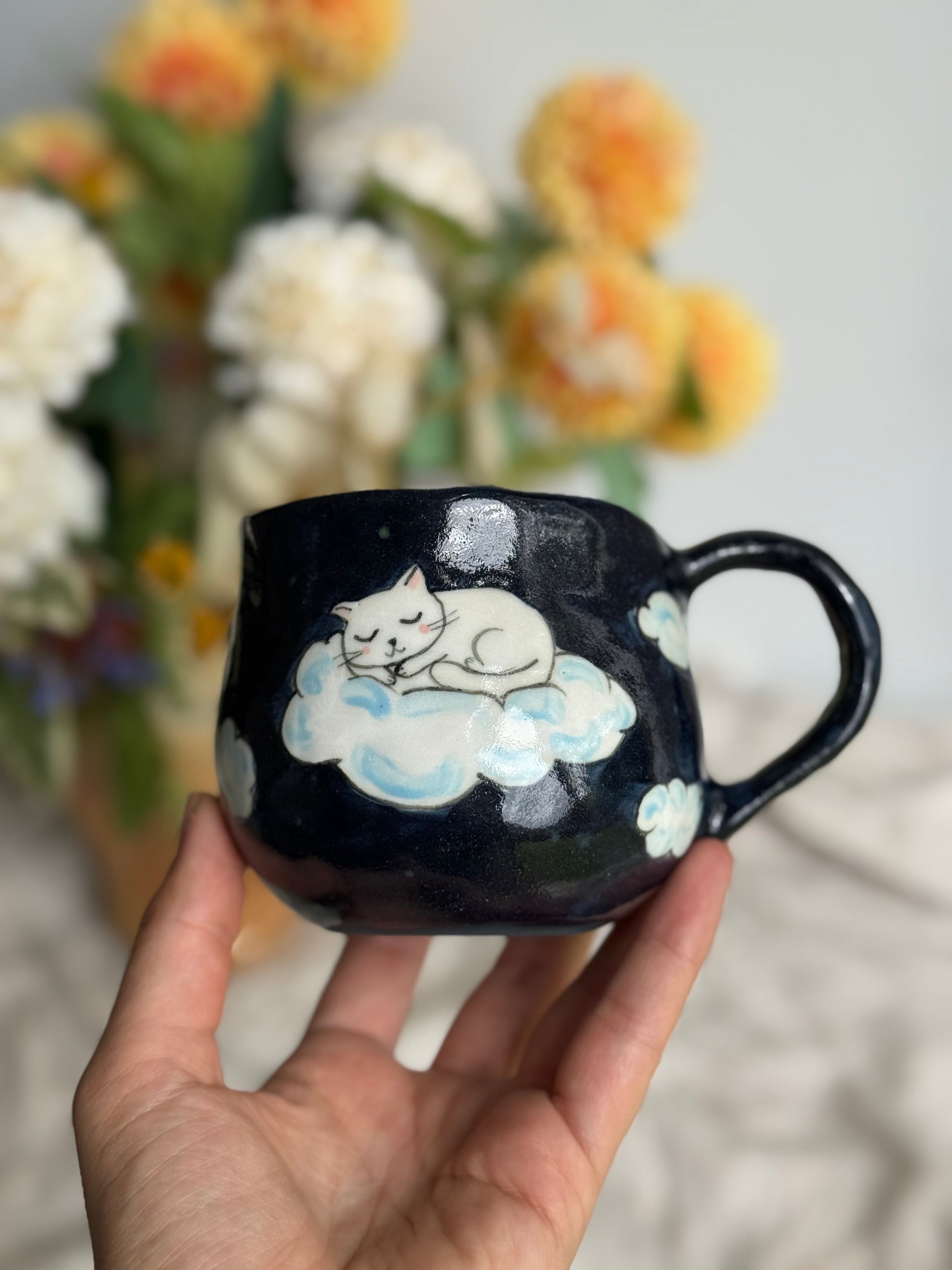 Sleeping kitten cloud mug side view – unique handmade pottery gift Australia