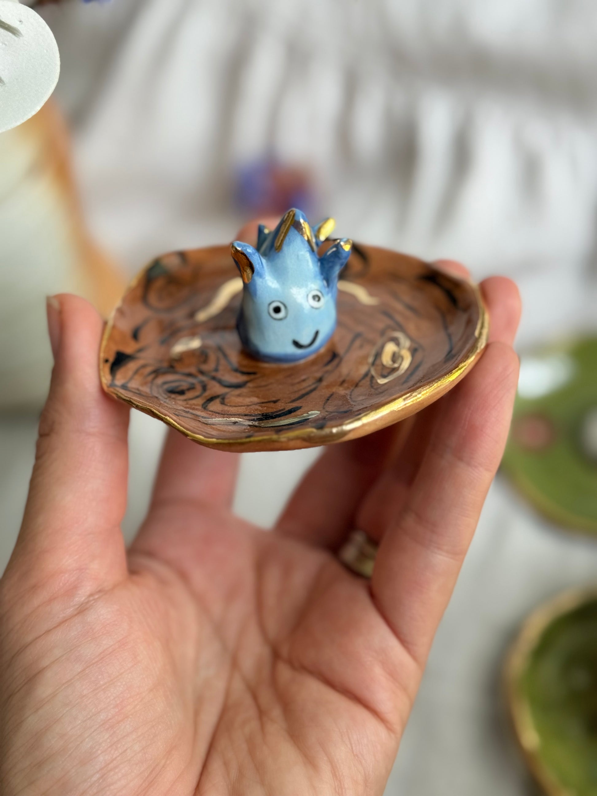 Handmade Ceramic Ring Dish – Gold Rimmed Forest Spirit Trinket Bowl - SL ceramics 