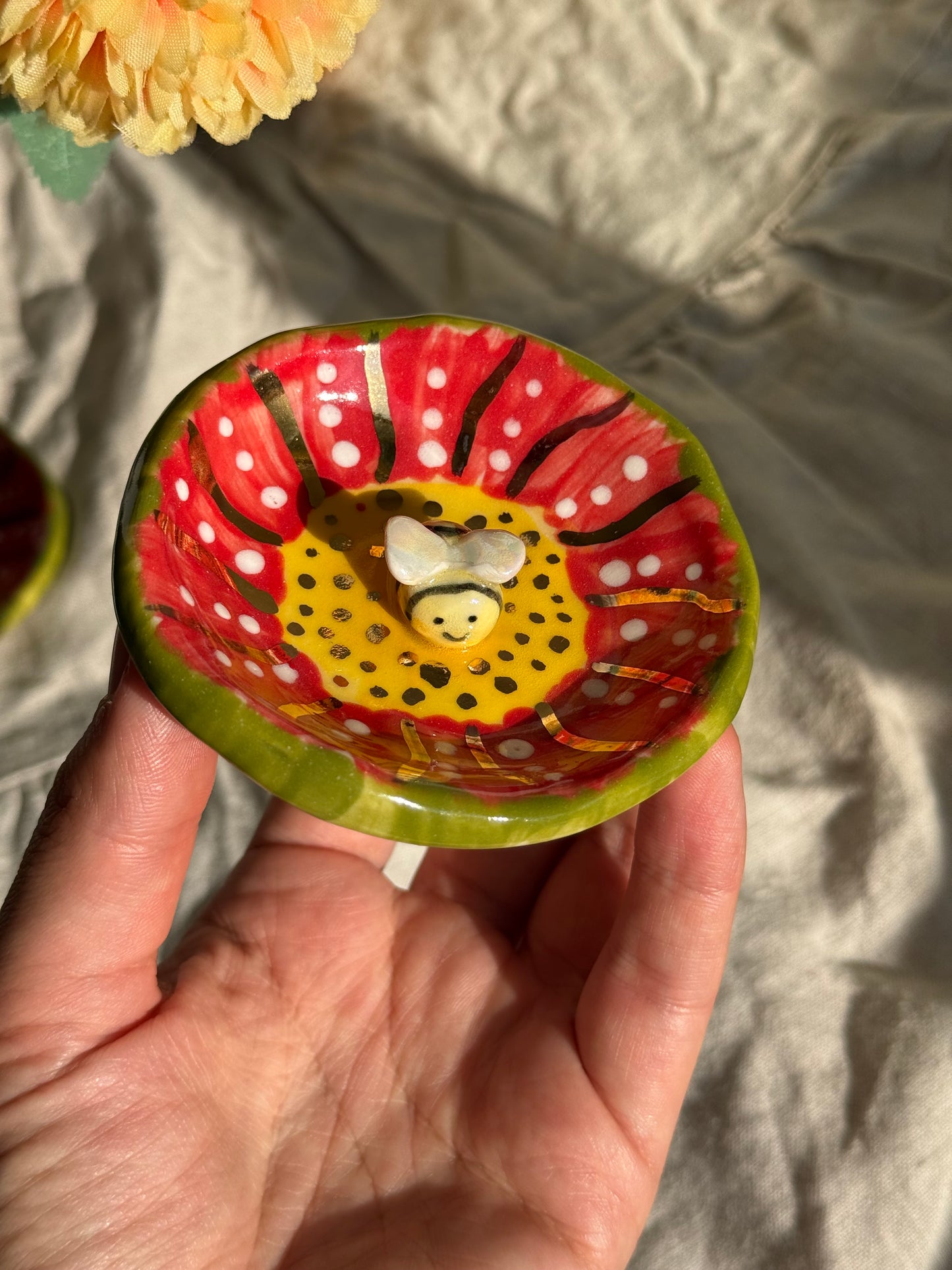 Handmade stoneware jewelry dish bee design - unique pottery gift Australia