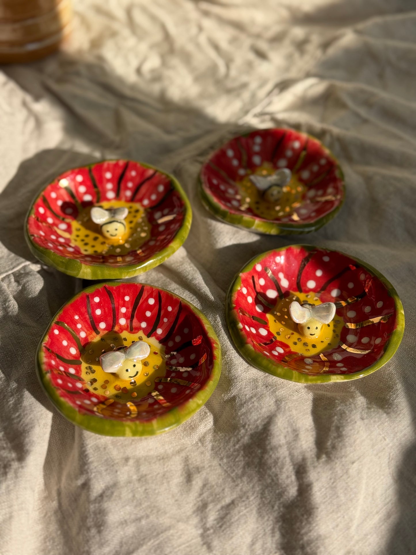 Busy Bee floral ring dish top view - handmade pottery Melbourne