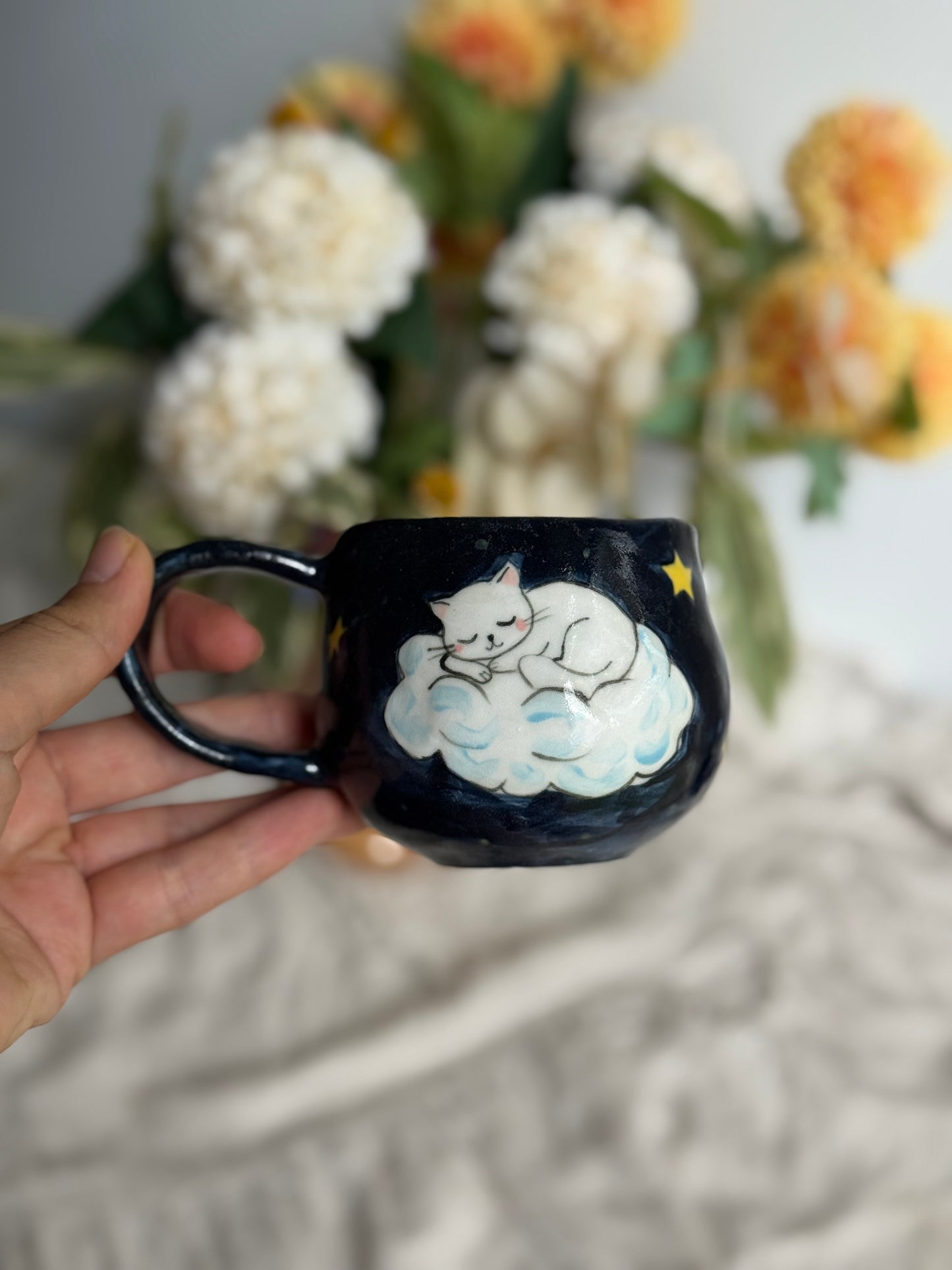 Hand-painted sleeping cat pottery mug – artisan ceramics Melbourne 