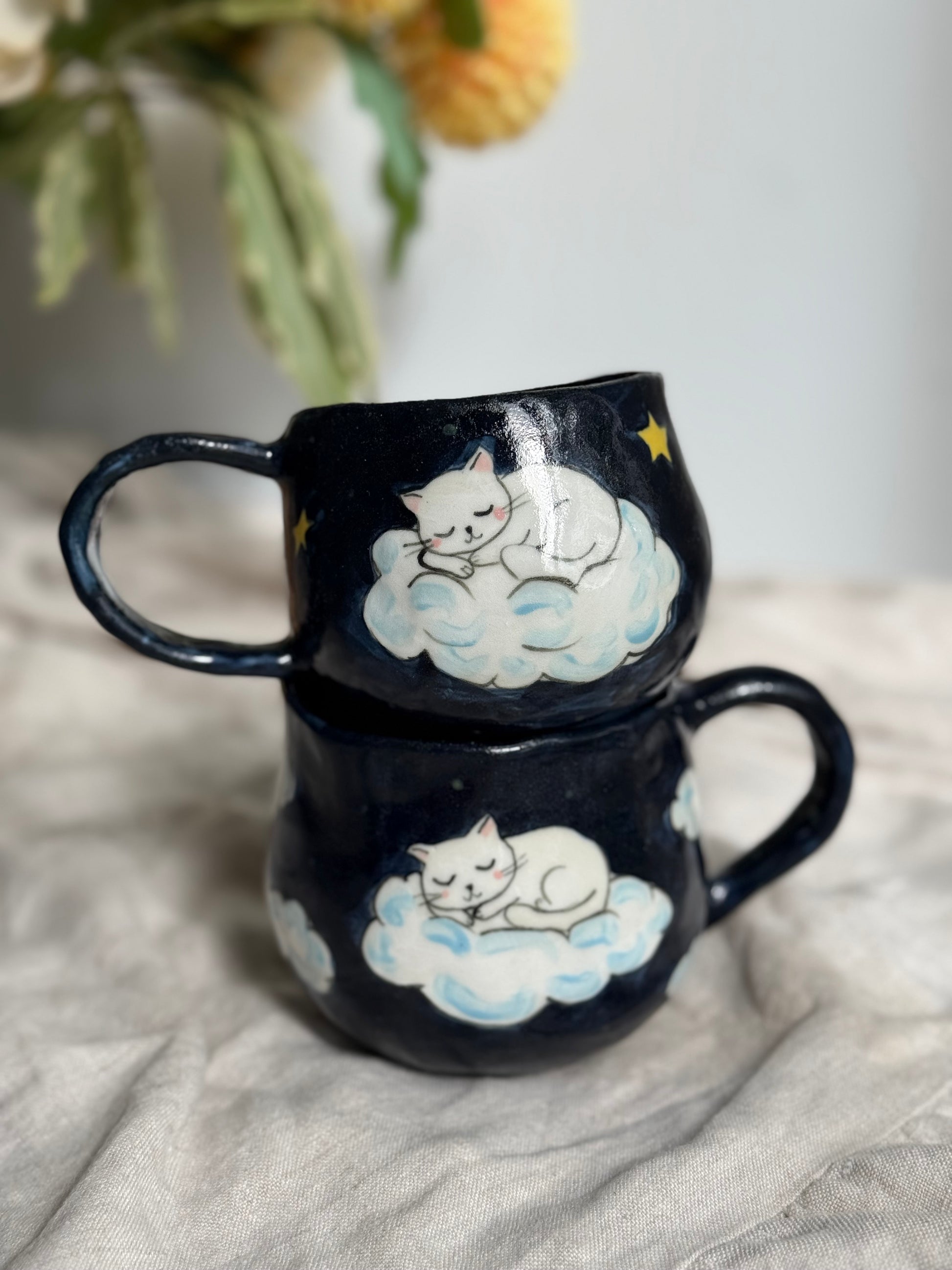 Sleeping kitten on cloud handmade ceramic mug front view – SL Ceramics Australia