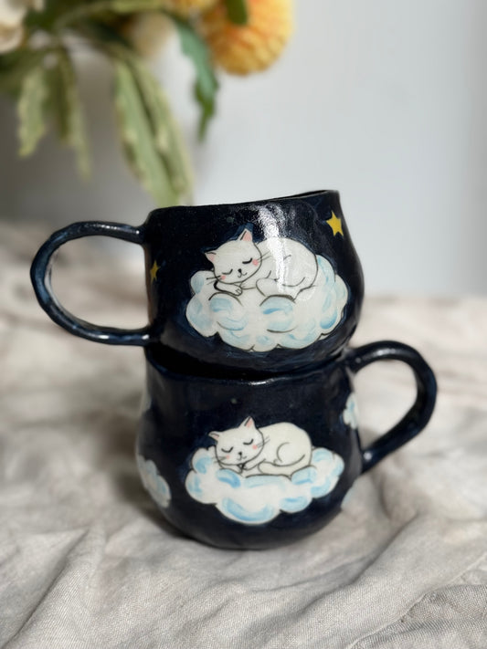 Sleeping kitten on cloud handmade ceramic mug front view – SL Ceramics Australia