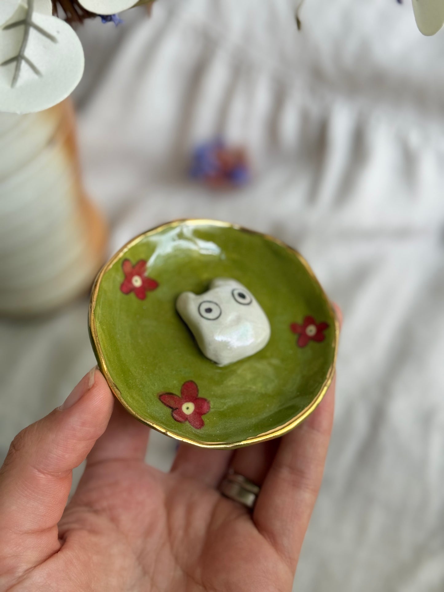 Handmade Ceramic Ring Dish – Gold Rimmed Forest Spirit Trinket Bowl - SL ceramics 