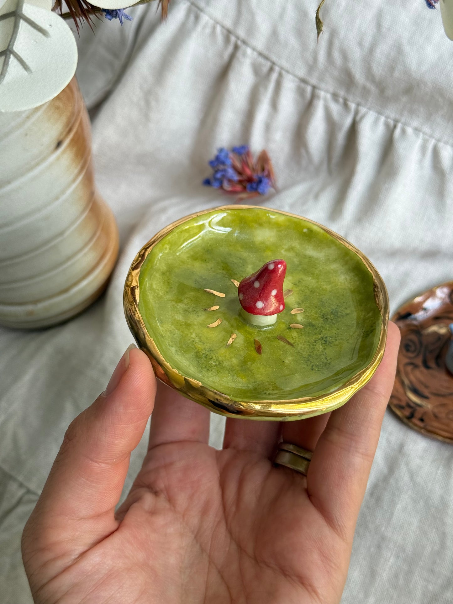 Handmade Ceramic Ring Dish – Gold Rimmed Forest Spirit Trinket Bowl - SL ceramics 