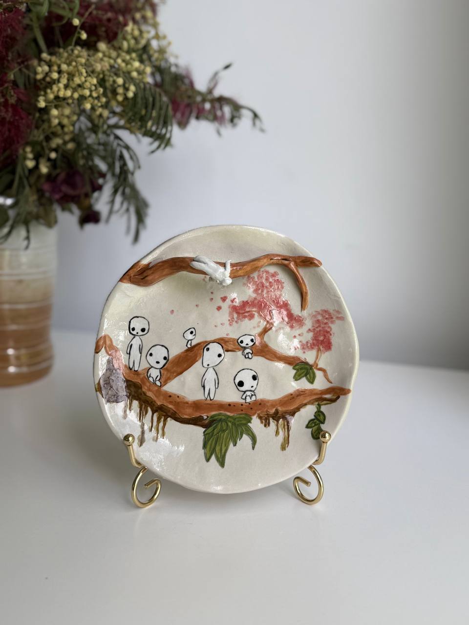 Kodamas Trinket Plate – Hand-painted Ceramic Dish with 3D Kodama - SL ceramics 