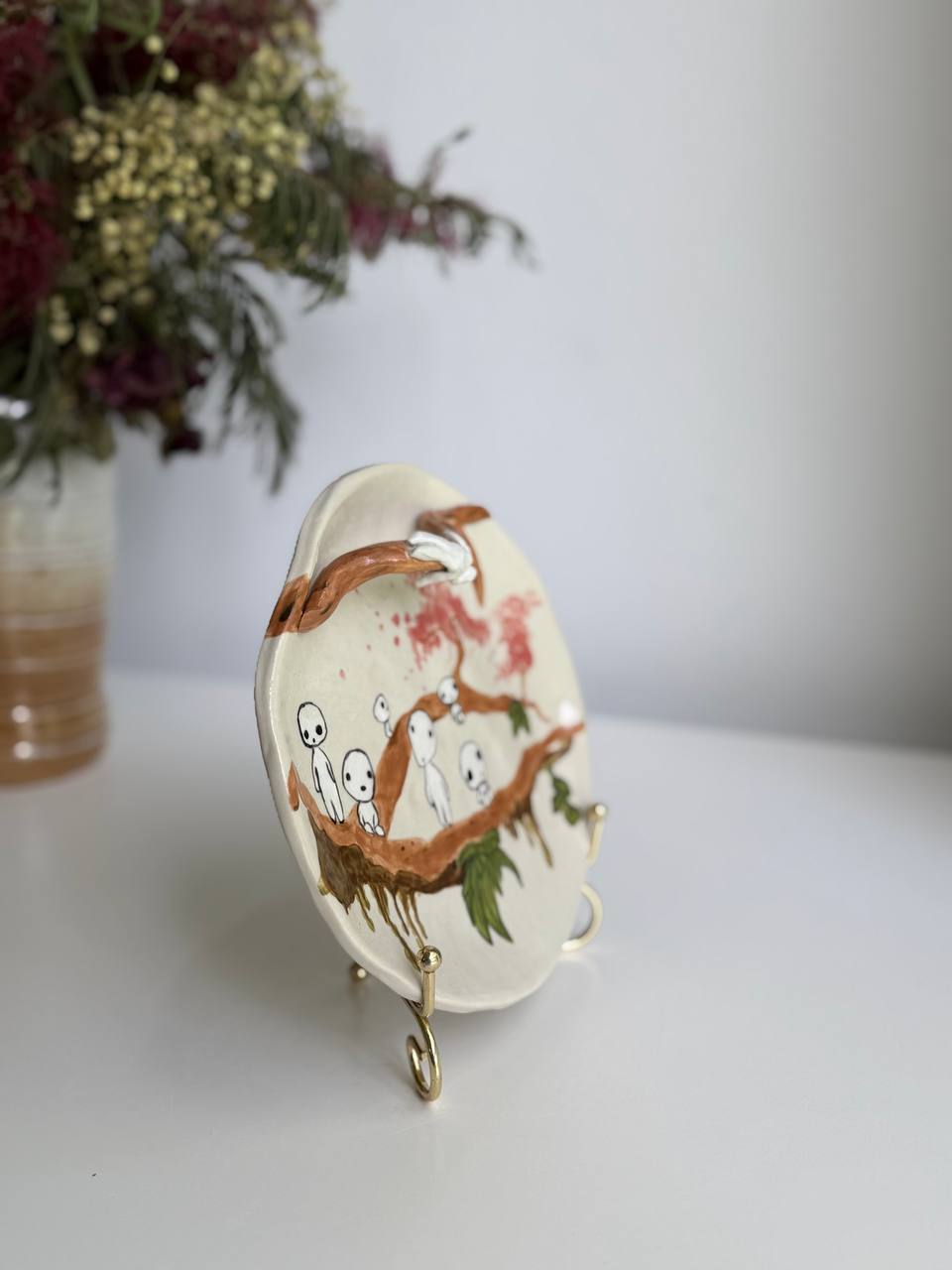 Kodamas Trinket Plate – Hand-painted Ceramic Dish with 3D Kodama - SL ceramics 