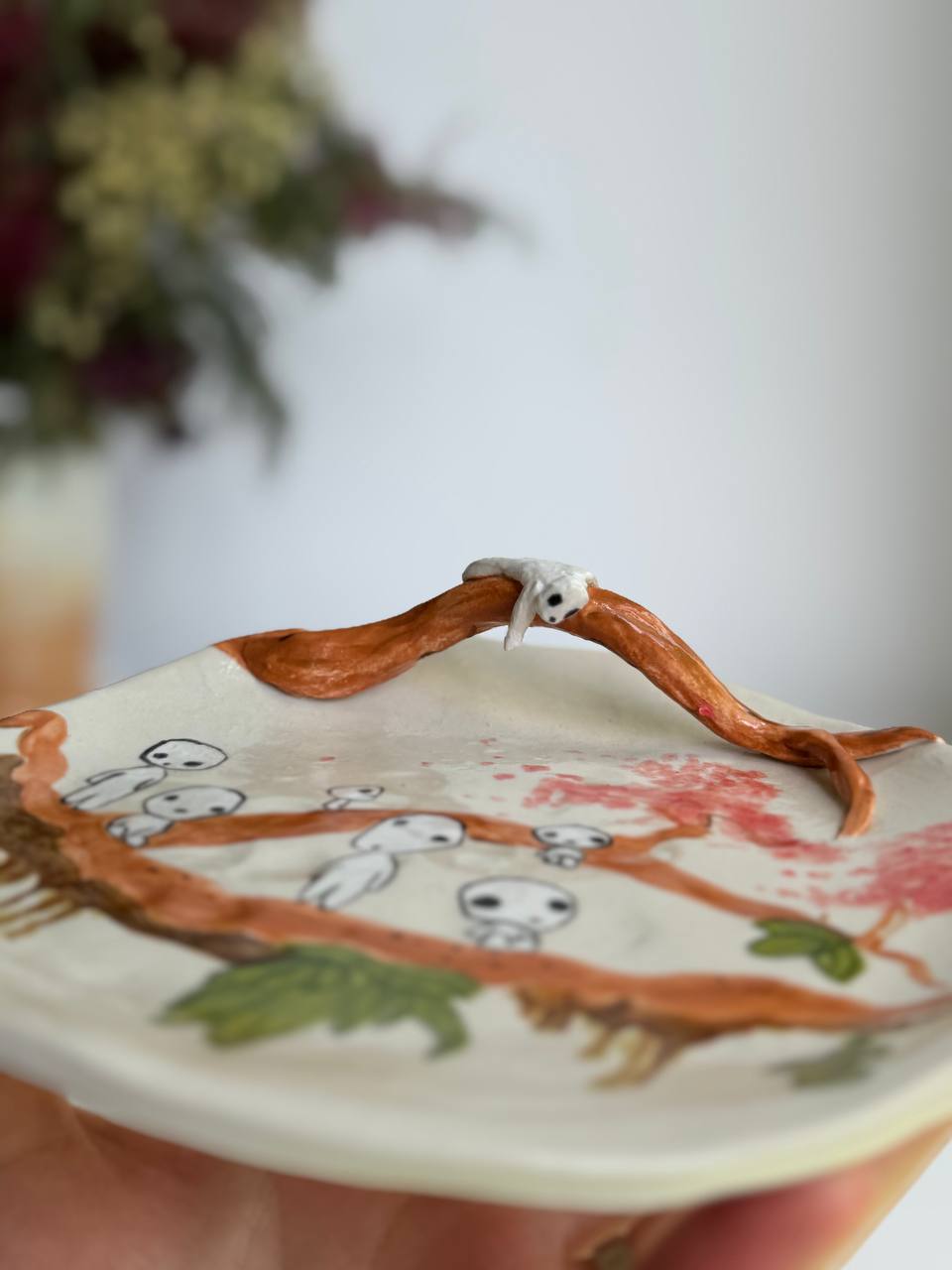 Kodamas Trinket Plate – Hand-painted Ceramic Dish with 3D Kodama - SL ceramics 