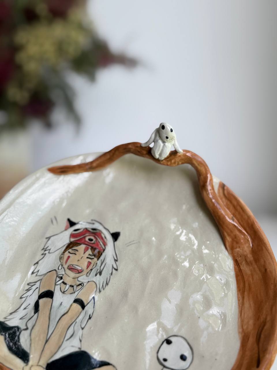 Princess Mononoke Trinket Plate – Hand-painted Ceramic Dish with 3D Kodama (Seconds) - SL ceramics 