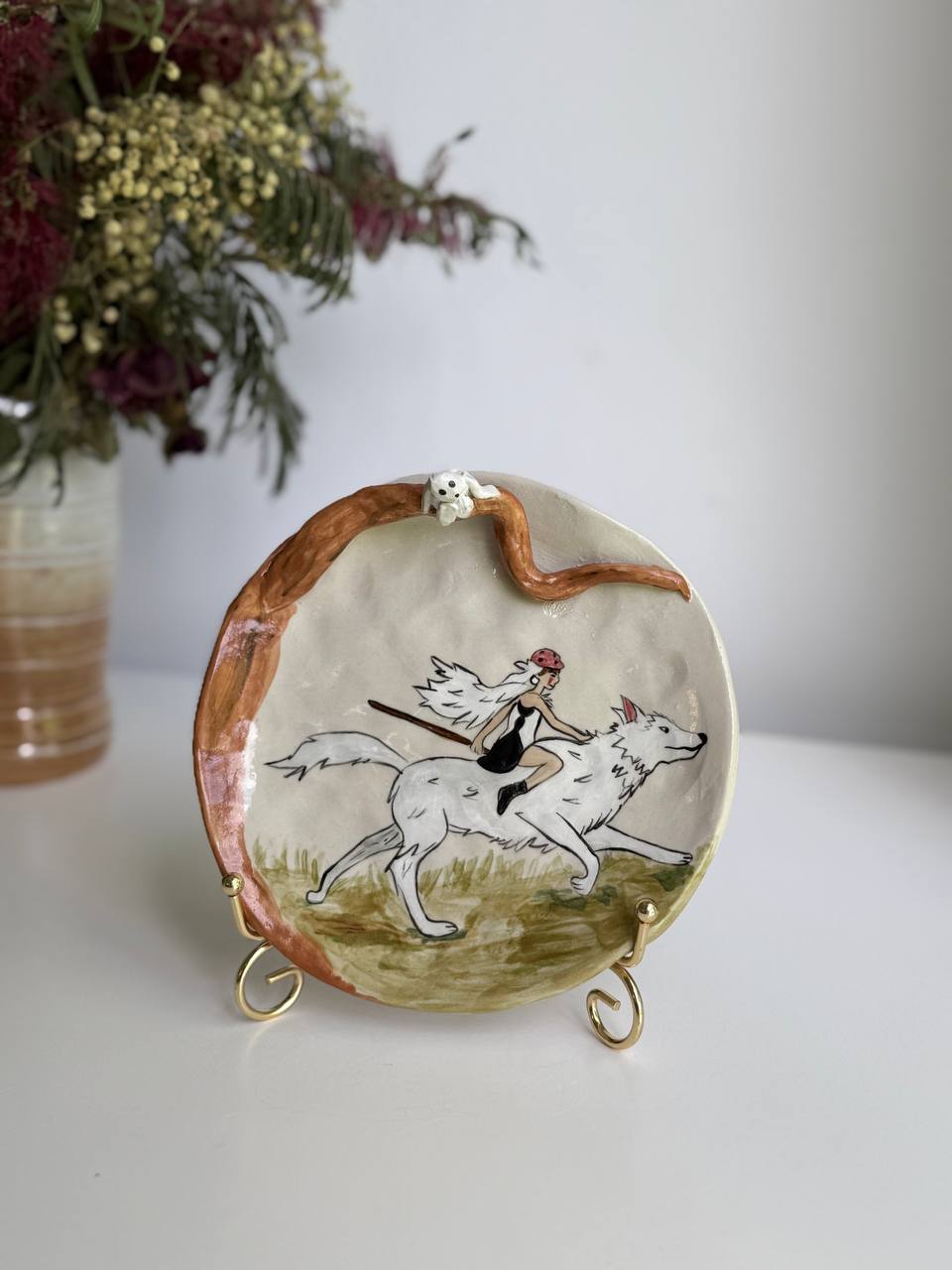 Princess Mononoke Wolf Trinket Plate – Hand-painted Ceramic Dish with 3D Kodamas - SL ceramics 