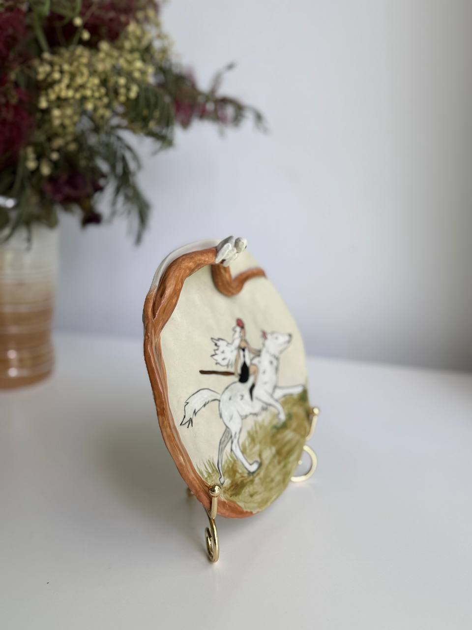 Princess Mononoke Wolf Trinket Plate – Hand-painted Ceramic Dish with 3D Kodamas - SL ceramics 