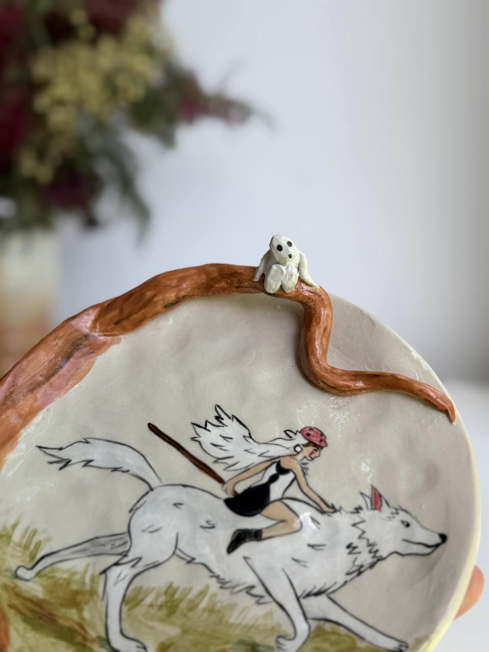 Princess Mononoke Wolf Trinket Plate – Hand-painted Ceramic Dish with 3D Kodamas - SL ceramics 