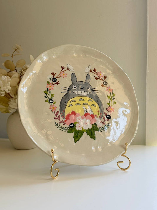 Large Totoro Ceramic Plate – 30cm Hand-Painted Stoneware Dish with Totoro & Soot Sprites - SL ceramics 