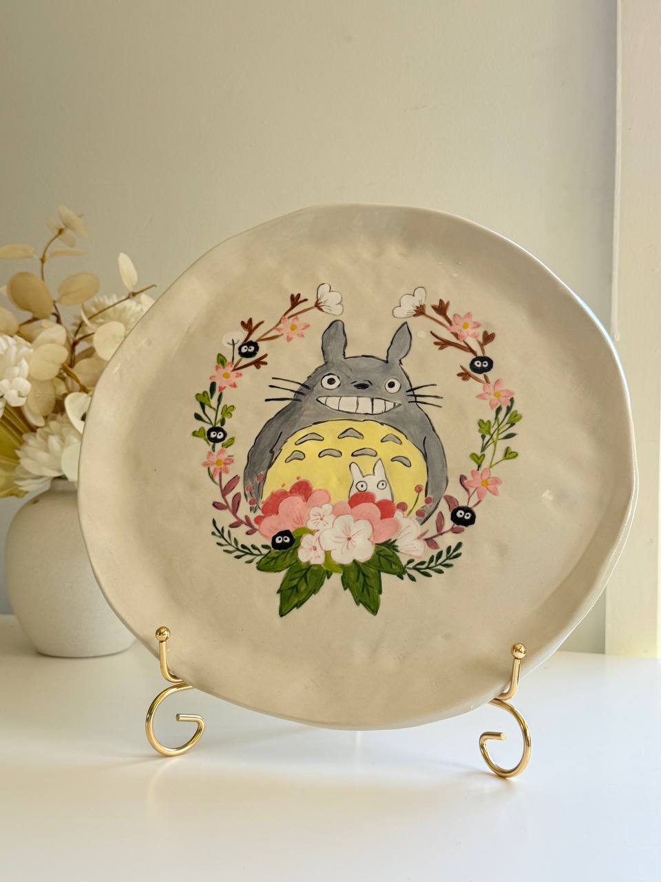 Large Totoro Ceramic Plate – 30cm Hand-Painted Stoneware Dish with Totoro & Soot Sprites - SL ceramics 