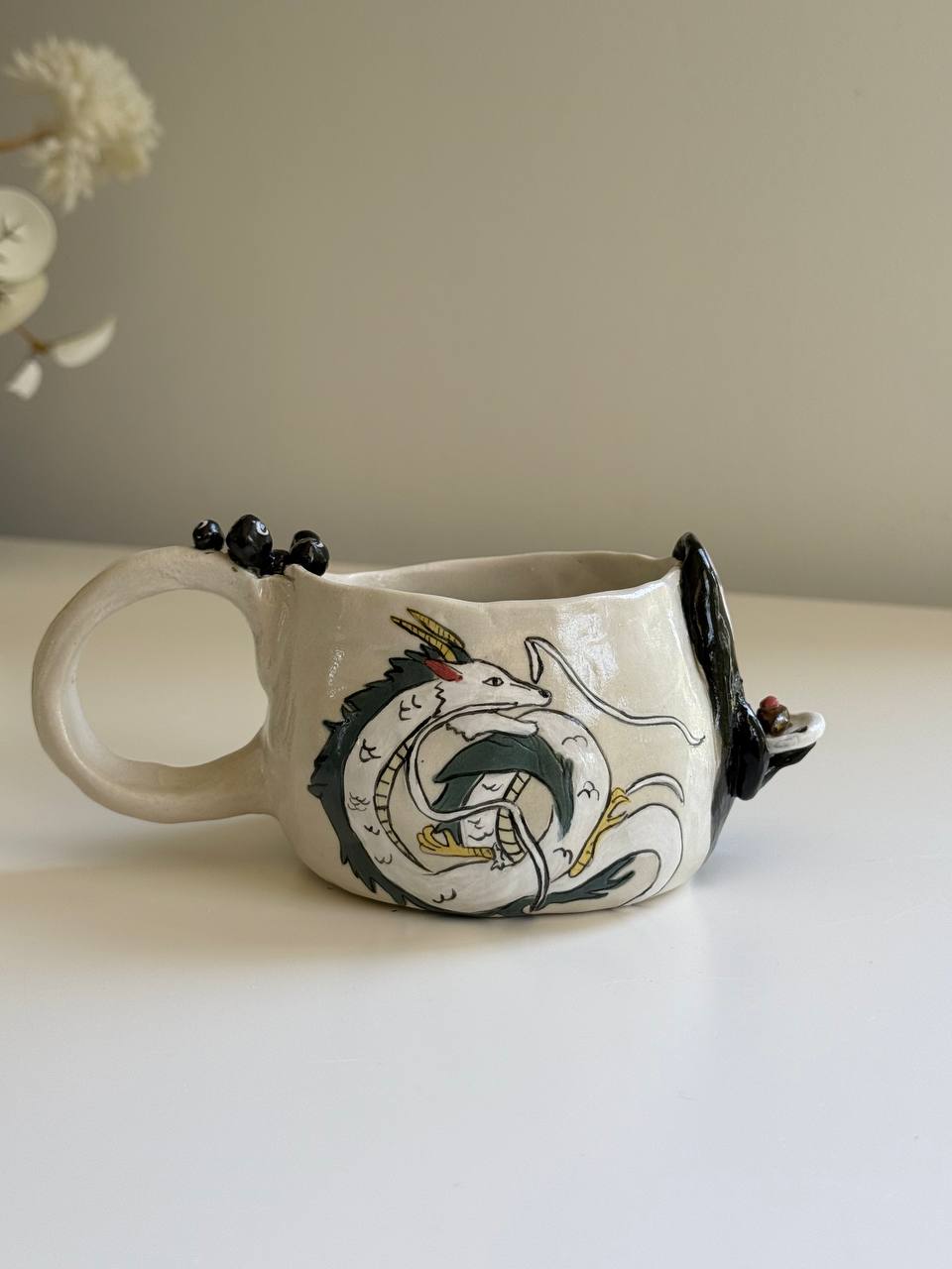 Handmade No Face and Haku Dragon Mug – Ghibli Inspired Ceramic Cup - SL ceramics 