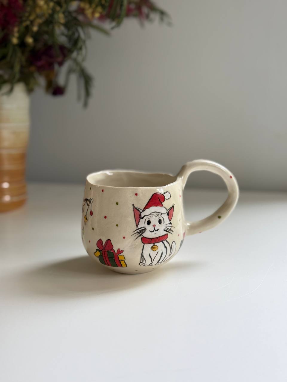 Christmas Mug with Cat and  Presents - SL ceramics 