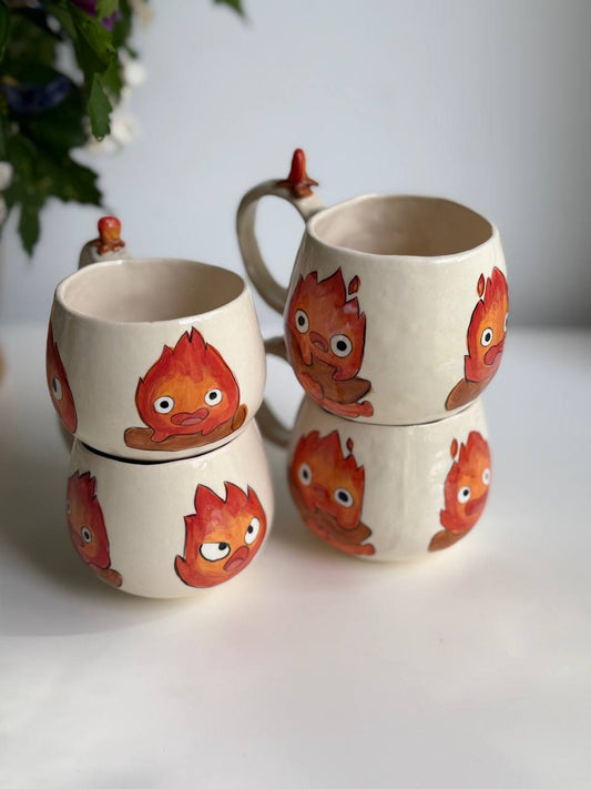 Ghibli-Inspired Calcifer Mug – 3D Flame Friend on the Handle  450 ml