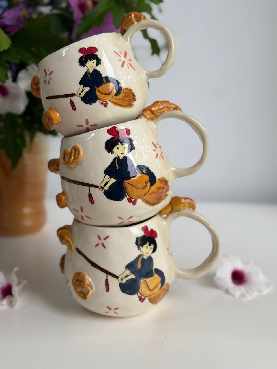 Ghibli-Inspired Kiki Mug – 3D Croissants & Bread, Kiki on Her Broom - SL ceramics 