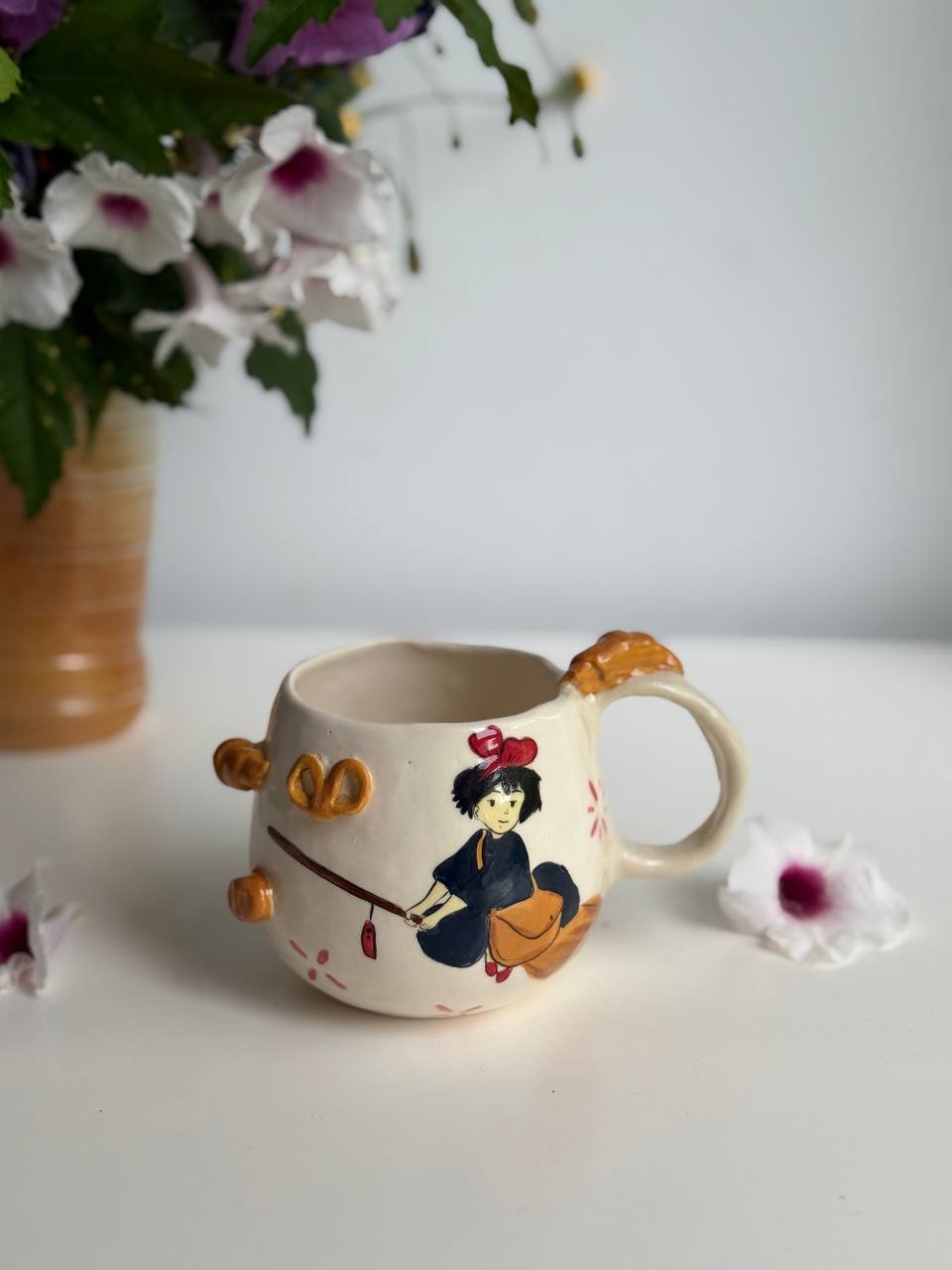 Ghibli-Inspired Kiki Mug – 3D Croissants & Bread, Kiki on Her Broom - SL ceramics 